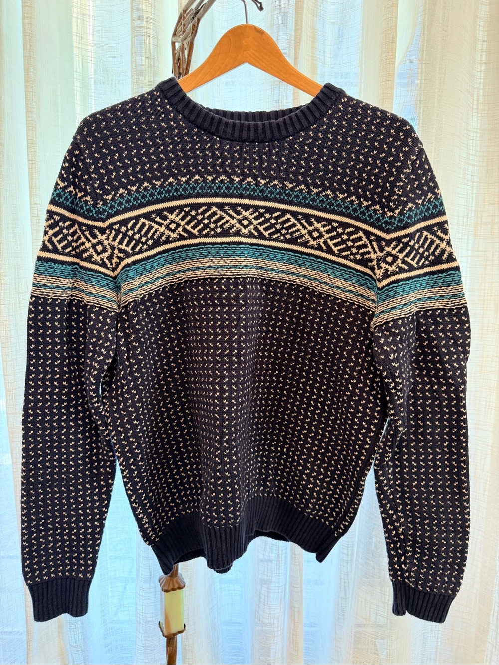 GT-0134 Merona Fair Isle Nordic Sweater L 100% Cotton Navy Teal